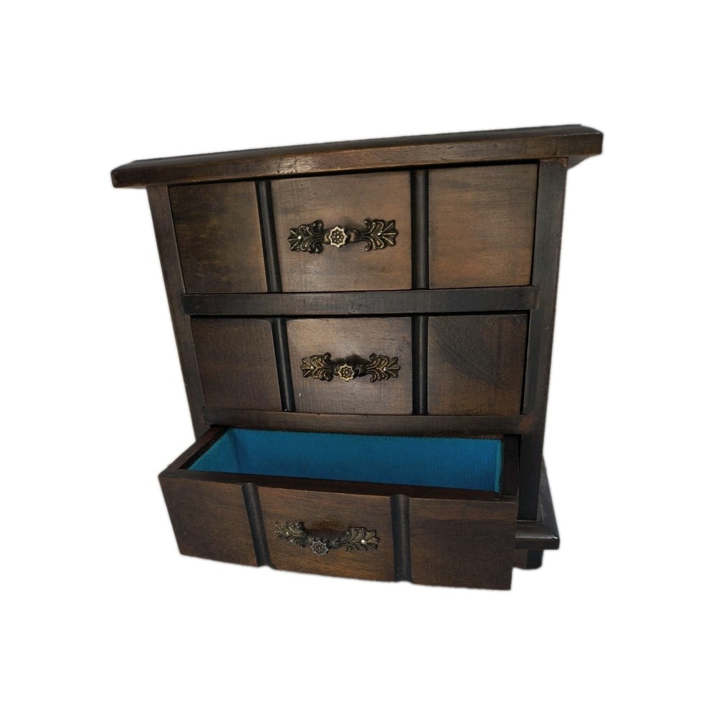 VTG 70s Mele Wooden Music Jewelry Box - 3 Drawer 7.5x8" Bright Faux Velvet-WORKS